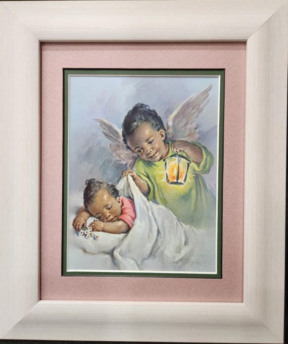 African American Baby Guardian Angel Framed Picture