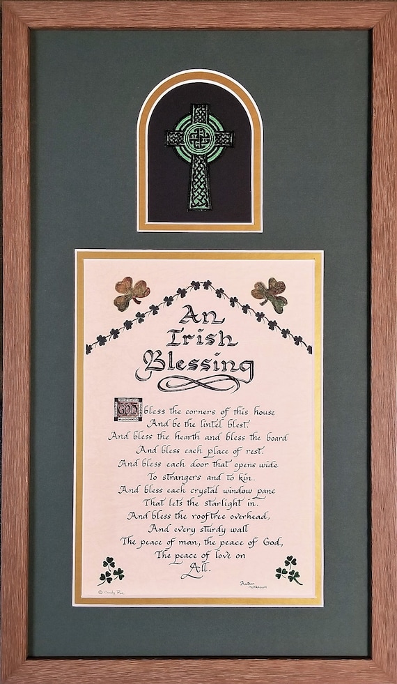An Irish Blessing Prayer in Calligraphy with Celtic Cross framed and matted Wall décor for Irish Wedding, Friendship and Saint Patrick's Day