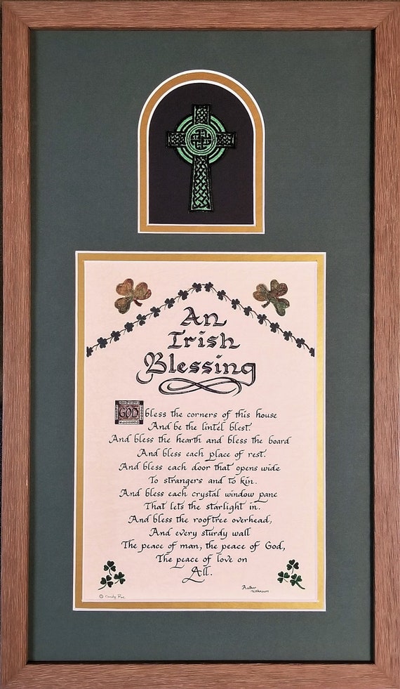 An Irish Blessing Prayer in Calligraphy with Celtic Cross framed and matted Wall décor for Irish Wedding, Friendship and Saint Patrick's Day