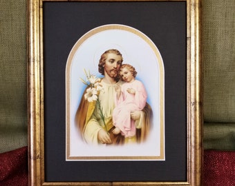 Saint Joseph and child Jesus print framed and matted picture St Joseph with lily