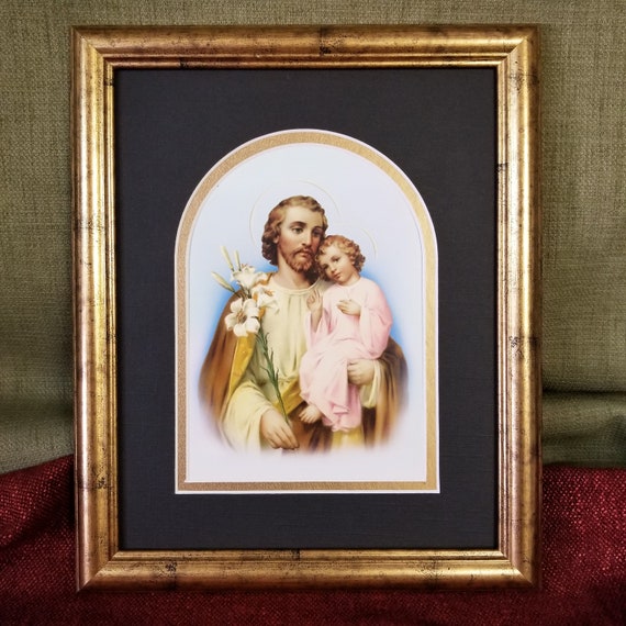 Saint Joseph and child Jesus print framed and matted picture St Joseph with lily