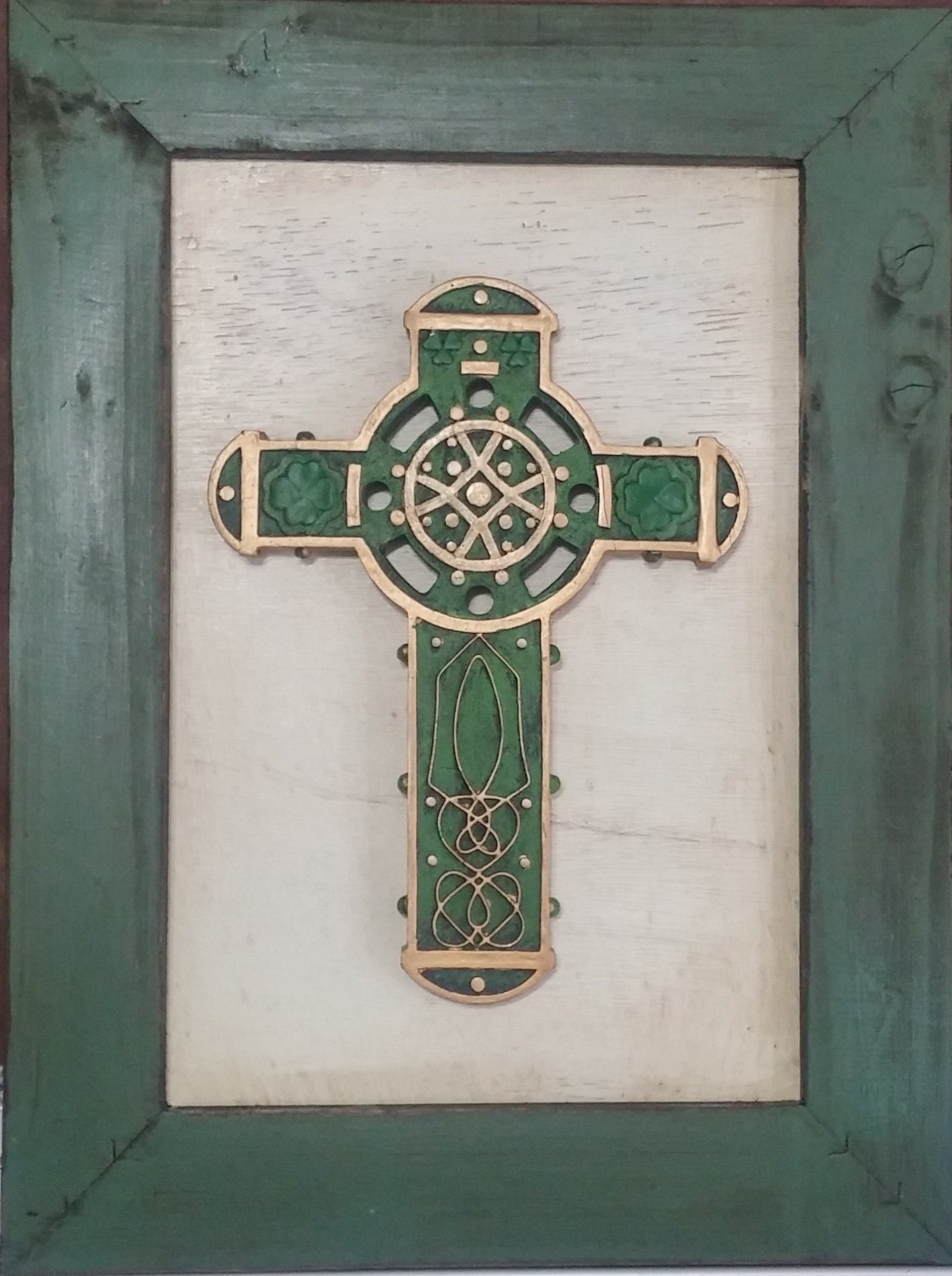 Celtic Irish Cross wall décor with rustic farmhouse style frame for St
