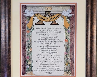 A Covenant Marriage Prayer calligraphy and art picture for Wedding or Anniversary matted and framed, gift for bride and groom personalized