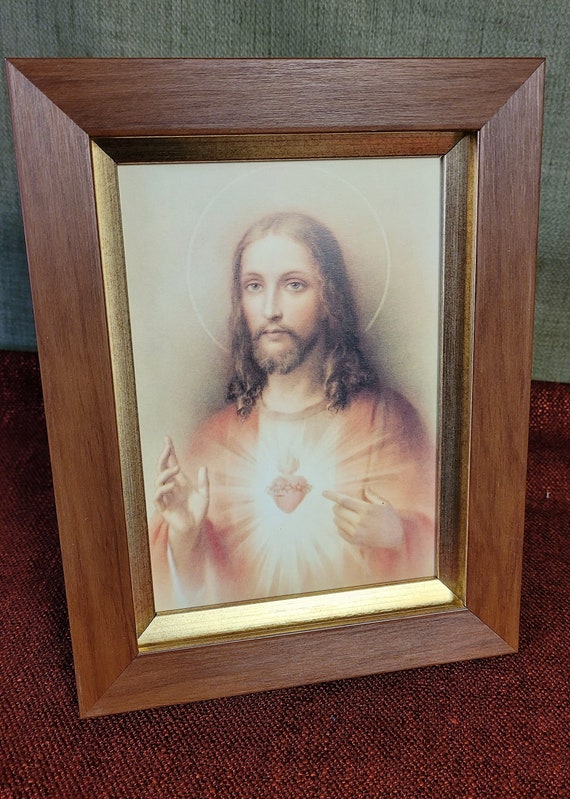 Sacred Heart of Jesus print framed picture for desktop, shelf, nightstand and counter with easel on back