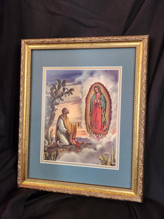 Our Lady of Guadalupe with Juan Diego, custom framed vintage Italian print