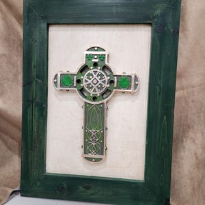 Celtic Irish wall Cross in rustic distressed green wood frame
