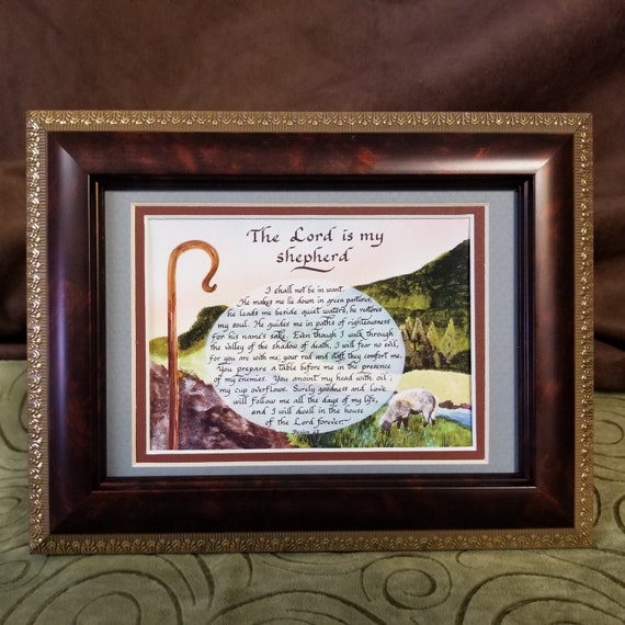 The Lord is my Shepherd framed calligraphy and art verse for desk, shelf or gift for friend size 5" X 7" with easelback