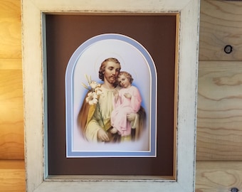 Saint Joseph and the child Jesus print framed and matted picture St Joseph with lily