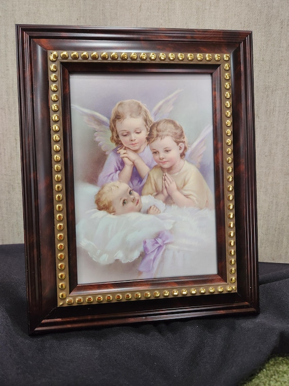 Guardian Angels baby framed picture with easel on back