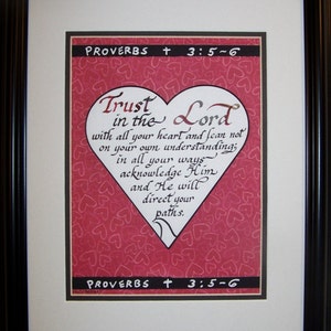 Trust in the Lord with all your heart Proverbs 3:5-6 scripture verse calligraphy print framed gift for home, office and Valentine&#39;s Day