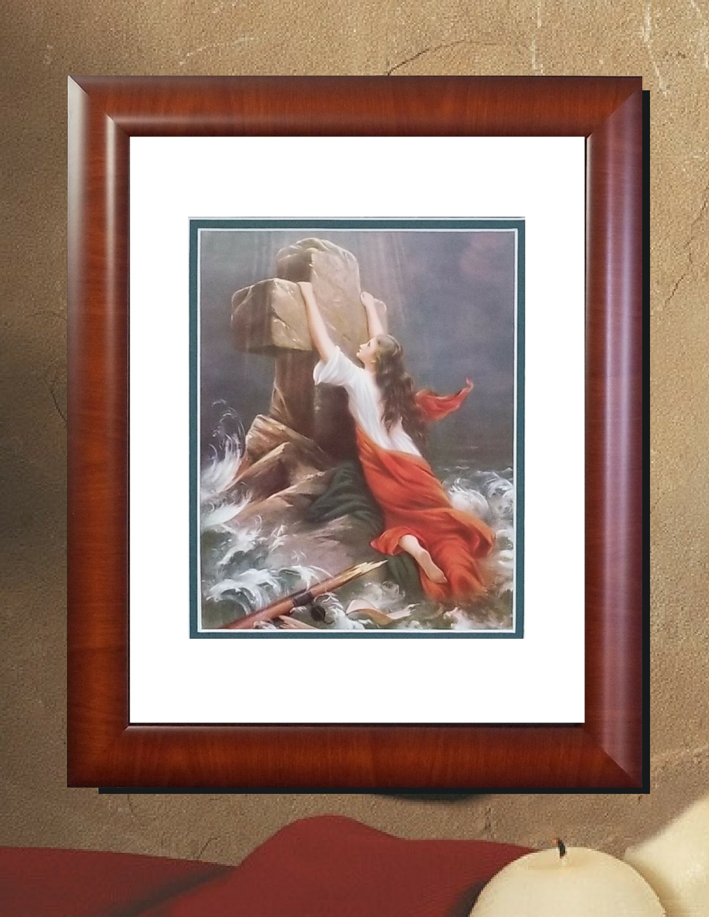 Trust in God Woman in Storm Clinging to Cross Christian Framed Art Print for those who need hope