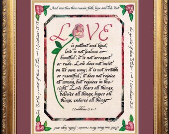 Arte bíblico personalizado: El amor es paciente, versículo caligráfico enmarcado