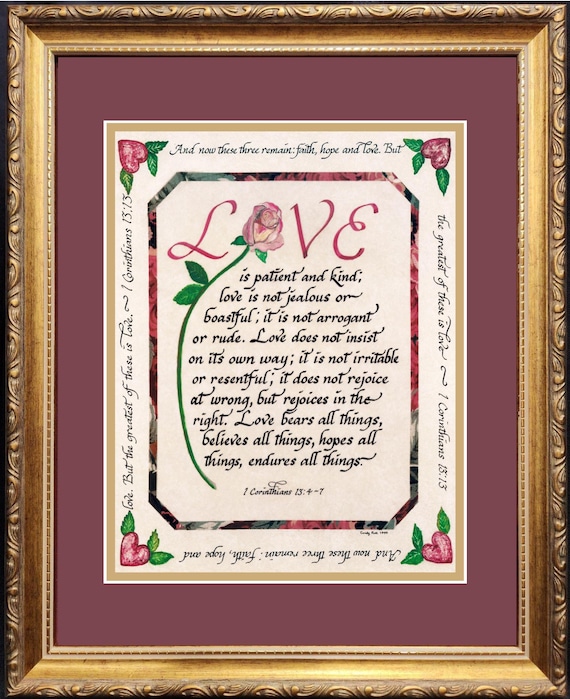 Love is patient Love is kind Scripture Calligraphy custom personalized custom framed verse