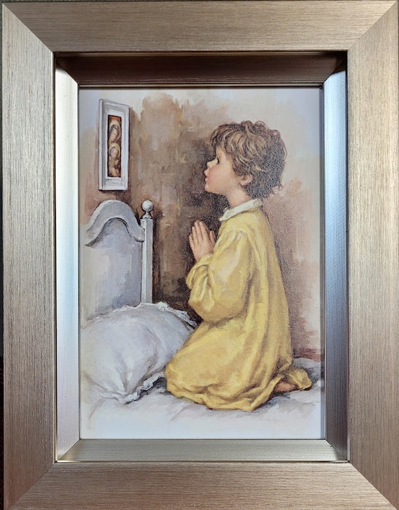 Vintage print of Praying boy framed picture for nightstand, shelf or dresser