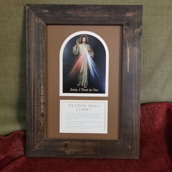 Divine Mercy Jesus art print with The Divine Mercy Chaplet prayer both framed and matted picture for home, office and gift giving