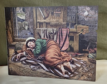 Slapende St Joseph Pallet teken kunst aan de muur