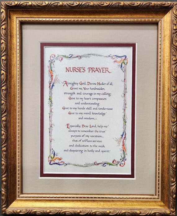 Nurses Prayer Personalized 8"X 10" or 11" X 14" double matted keepsake in neutral light green and burgundy matting.