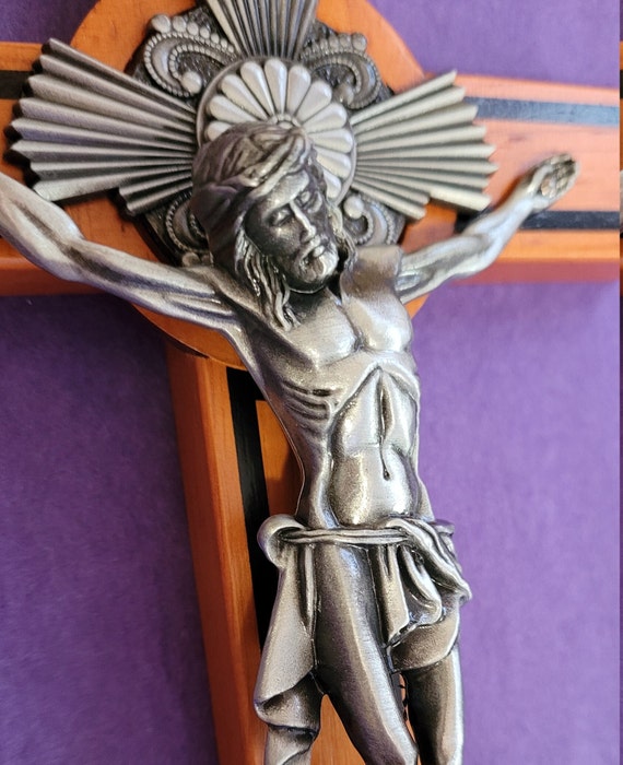 Crucifix Cross Baroque Wood Wall Cross with Silver Corpus