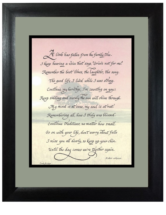 A limb has fallen from the family tree poem for funeral, memorial, sympathy and remembrance personalized gift and keepsake