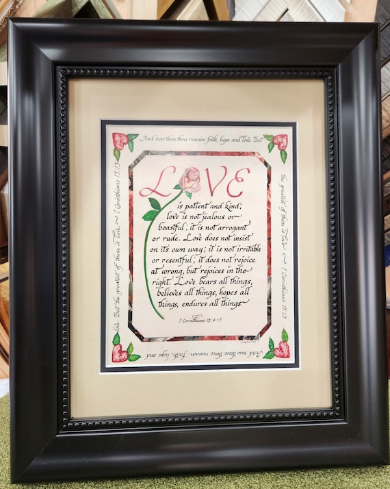 Love is patient. Love is kind Scripture Calligraphy custom personalized custom framed verse