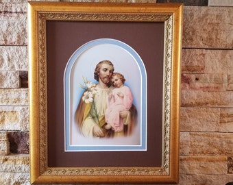 Saint Joseph and the child Jesus print framed and matted picture St Joseph art print in gold frame