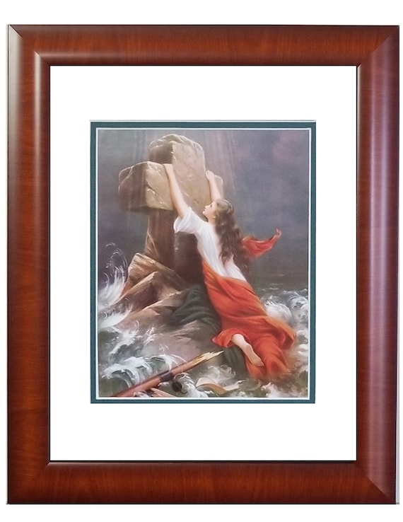 Trust in God Woman in Storm Clinging to Cross Christian Framed Art Print for those who need hope and strength in Jesus Christ framed