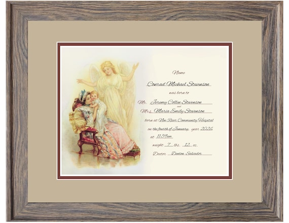 Personalized Victorian birth certificate replica framed picture.