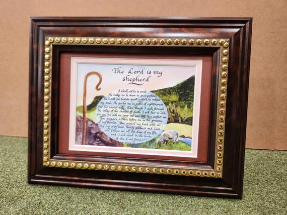 The Lord is my Shepherd framed calligraphy and art verse for desk, shelf or gift for friend size 5" X 7" with easelback
