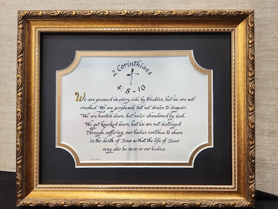 2 Corinthians 4:8-10 Scripture verse calligraphy print custom framed verse of hope