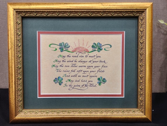 Irish Blessing art and calligraphy May the road rise up framed and matted picture for House Warming, St. Patrick's Day