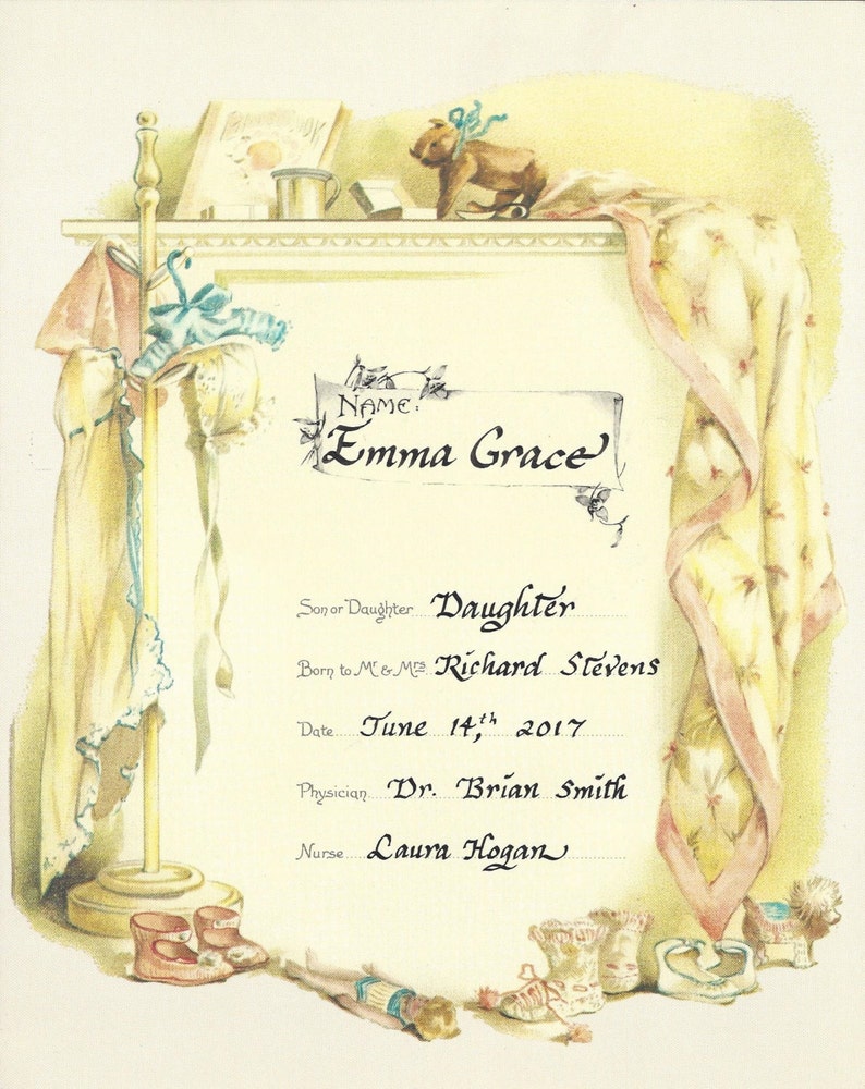 Birth Certificate Vintage Heirloom Victorian for Baby Girl Etsy