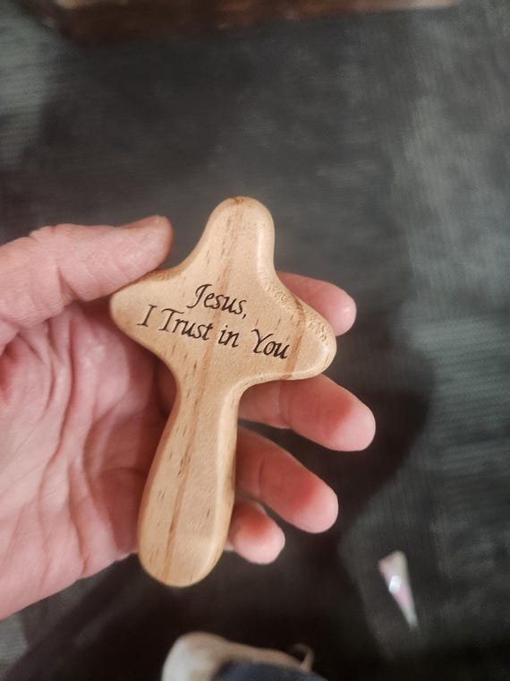 Hand held  wooden Comfort Cross - Jesus, I trust in you