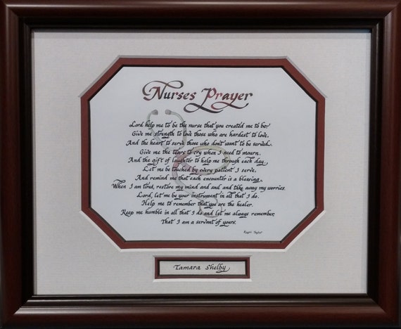 Nurses Prayer Poem framed Christian gift - calligraphy print for RN graduation, personalized gift medical worker.