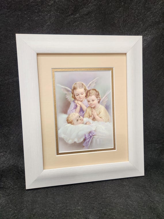 Baby with guardian angels framed and matted picture for child, newborn, or gift