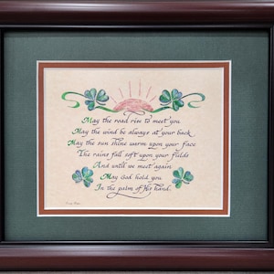 Irish Blessing art and calligraphy May the road rise up framed and matted picture for House Warming, St. Patrick&#39;s Day