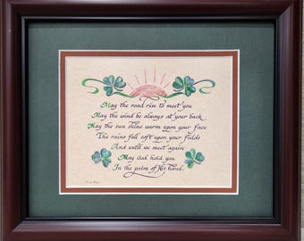 Irish Blessing art and calligraphy May the road rise up framed and matted picture for House Warming, St. Patrick&#39;s Day