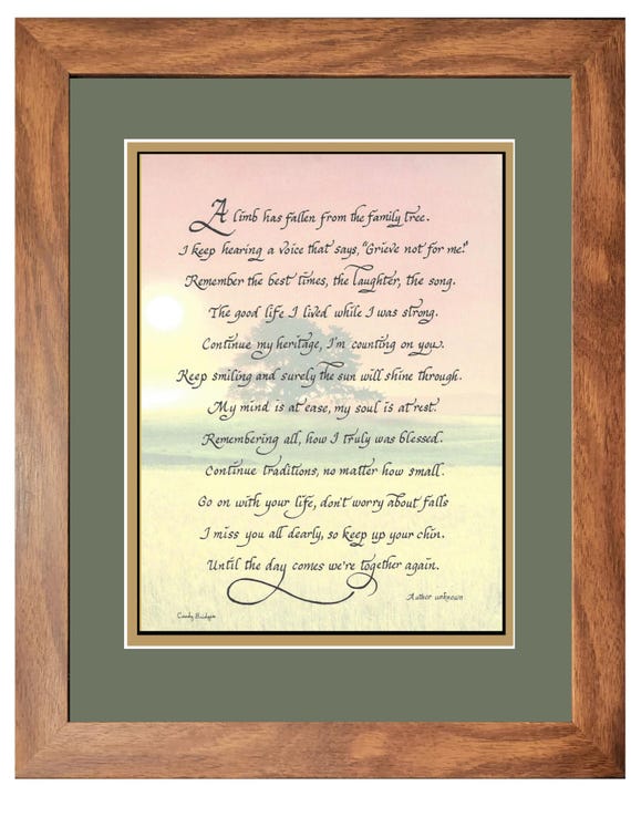 A limb has fallen from the family tree, personalized custom framed poem for funeral, memorial, or sympathy
