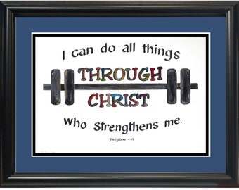 I can do all things through Christ custom framed Calligraphy verse with Barbell art.