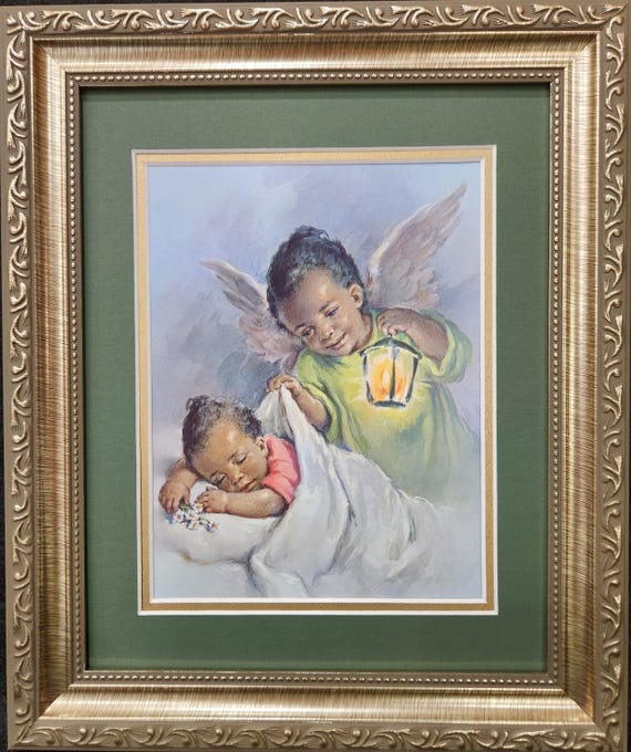 African American Baby girl with Guardian Angel Framed Picture