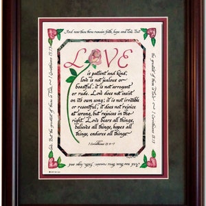 Love is patient and kind custom framed scripture verse from 1 Corinthians for Valentine's Day, Wedding or Anniversary