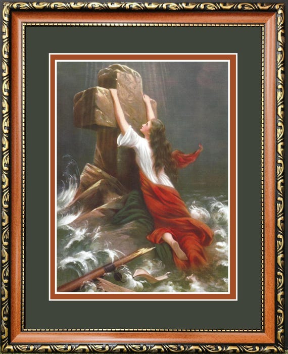 Rock of Ages Trust in God Woman in Storm, Clinging to Cross, Christian custom framed print