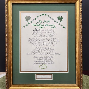 An Irish Wedding Blessing custom framed art and calligraphy gift with shamrocks and green hearts and option to personalize