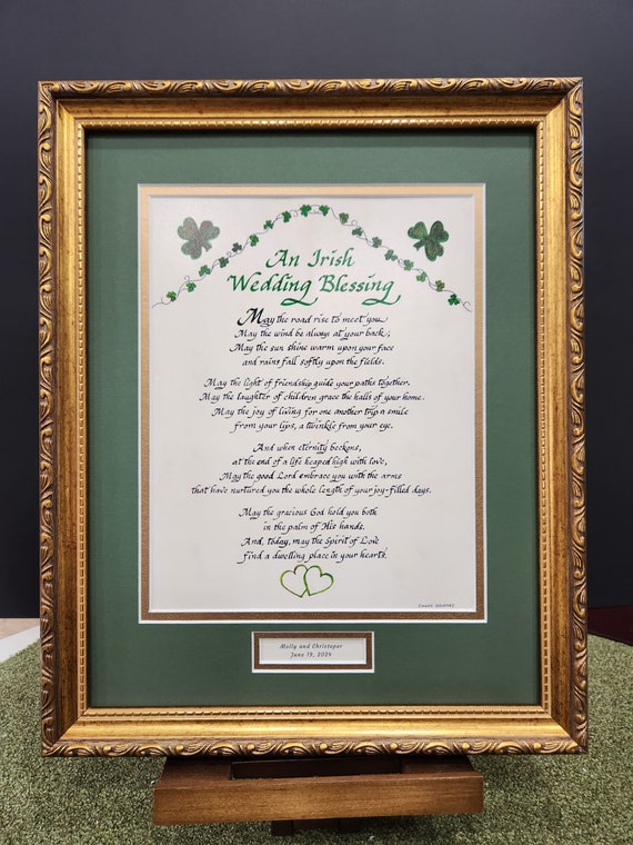 An Irish Wedding Blessing verse calligraphy gift with shamrocks and green hearts and option to personalize with antique ornate gold frame