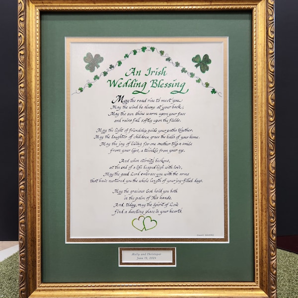 An Irish Wedding Blessing art and calligraphy gift with shamrocks and green hearts and option to personalize with antique ornate gold frame