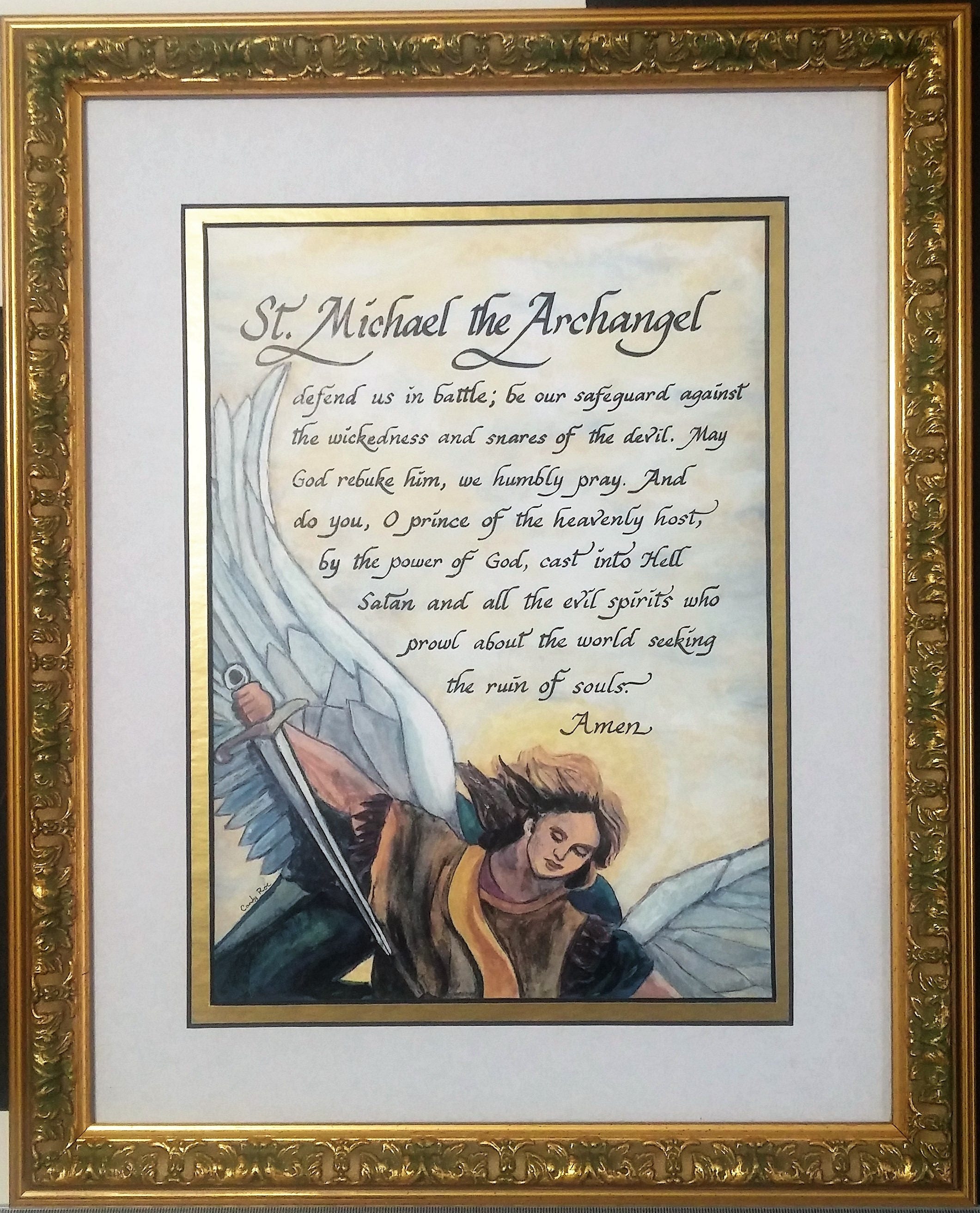 St. Michael the Archangel Defend us in battle framed calligraphy art