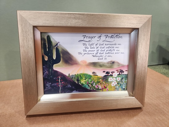 Prayer of Protection framed verse with easel on back, small for shelf.