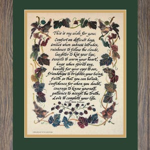 May include: Framed artwork with a green mat and a wooden frame. The artwork features a handwritten poem with bird and leaf illustrations. The text reads "This is my wish for you..." and includes a quote by Ralph Waldo Emerson.
