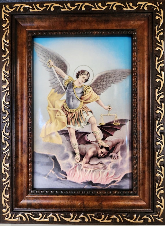 Saint Michael the Archangel desktop picture with easel on back.