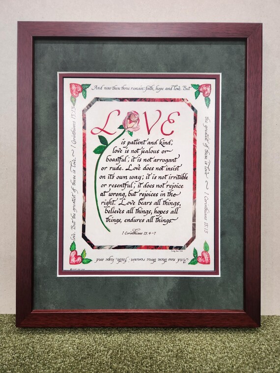 Love is patient and kind custom framed scripture verse from 1 Corinthians for Valentine's Day, Wedding or Anniversary