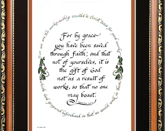 Ephesians 2:8-10 Calligraphy Verse - Framed Scripture Wall Decor